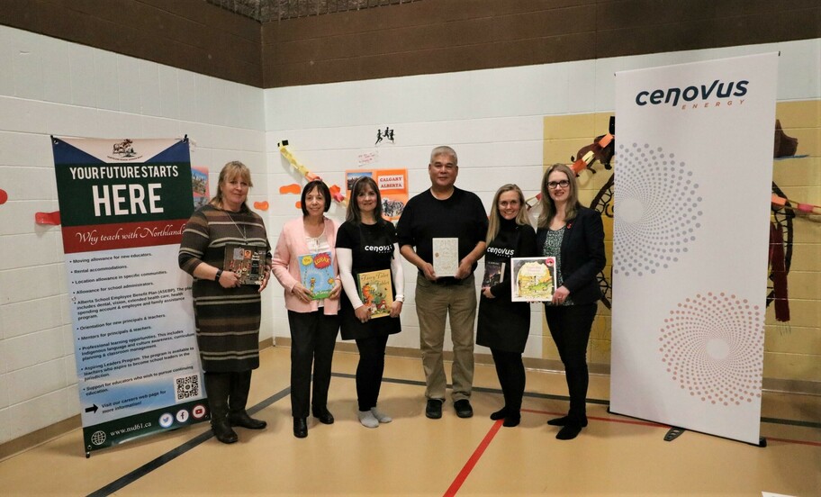 Left to Right: Janette Cavanaugh, Division Principal Literacy, Jane Stroud, Councillor, Regional Municipality of Wood Buffalo, Lise Warawa, Cenovus, Jules Nokohoo, Vice-Chair, Jessica Yarnell, Cenovus, Laila Goodridge, MLA for Fort McMurray-Lac La Biche