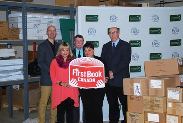 Back row left to right: Mike Boldt, Illustrator and Author, George McGuigan, Superintendent Fort McMurray Catholic Schools, Douglas Nicholls, Superintendent Fort McMurray Public Schools, Nicole Greville, Wood Buffalo Regional Library, Stephanie Sutherland