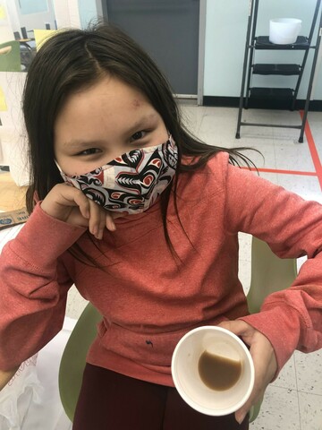 Isabelle Delorme, Susa Creek School, learning how to make spruce gum tea