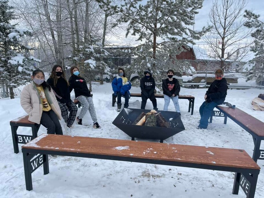 Students at the outdoor classroom outside Anzac School and Bill Woodward School 